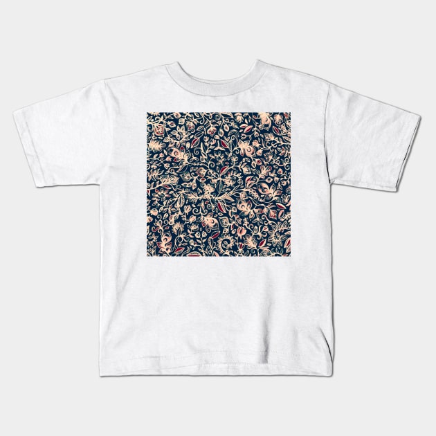 Navy Garden - floral doodle pattern in cream, dark red & blue Kids T-Shirt by micklyn